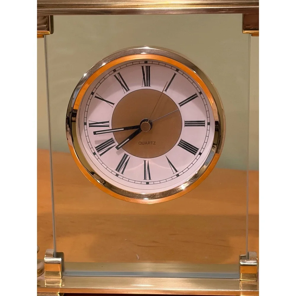 Vintage Gold Tone Floating Glass Mantel Clock Quartz Roman Numeral Desk Clock